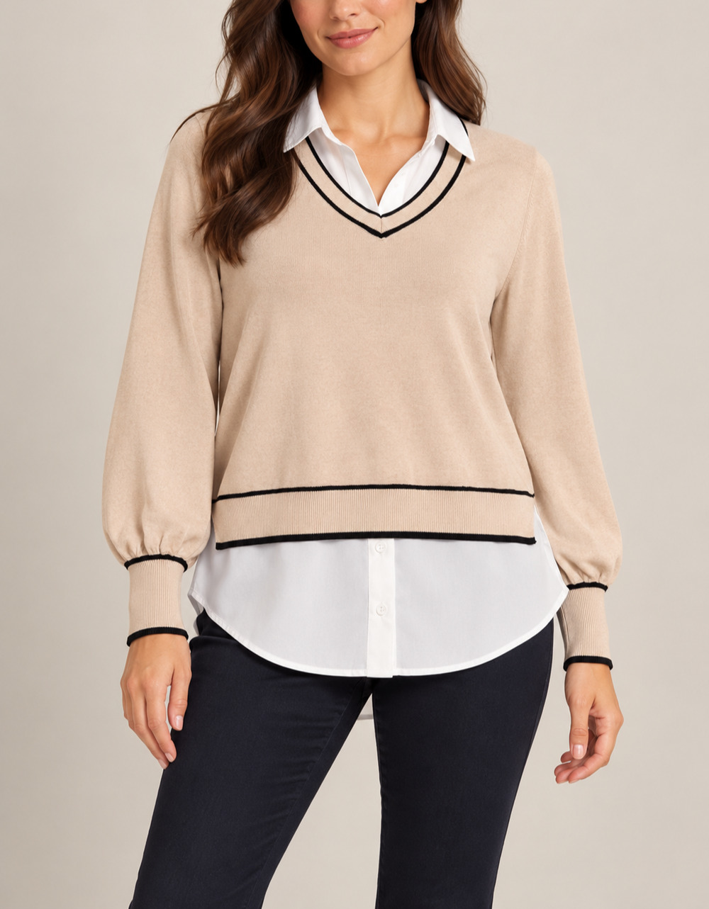 Adrianna Papell Twofer Sweater Womens L Beige V-Neck Black Trim Shirttail Hem